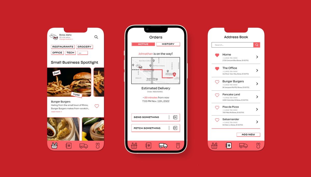 Visual design of the app screens for Hyperflyer uses chunky text and squared buttons. App screens displayed are discovery page, delivery page, and favorite locations page.