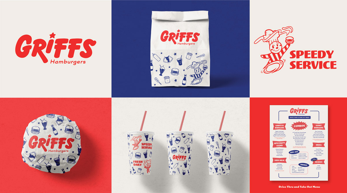 a burger bag mockup with illustrations is shown alongside  with cup mockups, and a burger wrapper mockup.