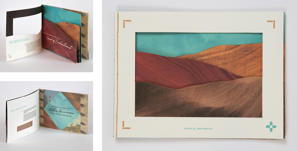 A collage of 3 spreads from a layered cut-out brochure featuring patterns of mountains and sky contained within the cover's white frame.