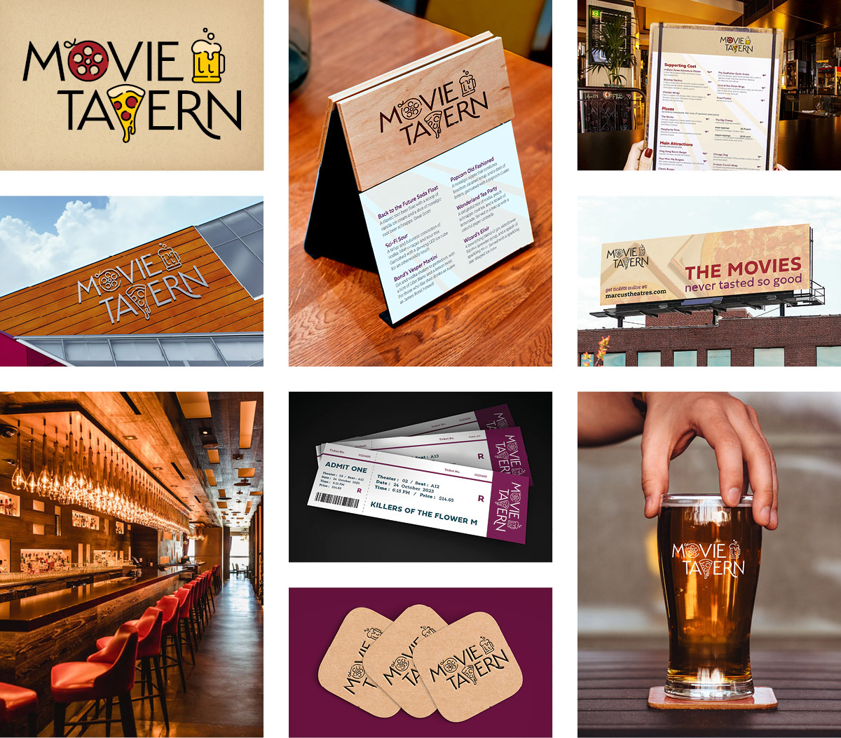 A collage of branding elements for the reimagined Movie Tavern theater chain, including the logo, building exterior and interior, food and drink menus, a branded beer class and coasters, movie tickets, and a bilboard. The logo has a film reel as the "o" in "movie" and a pizza slice as the "v" in "tavern" and there is a beer stein to the right as well.