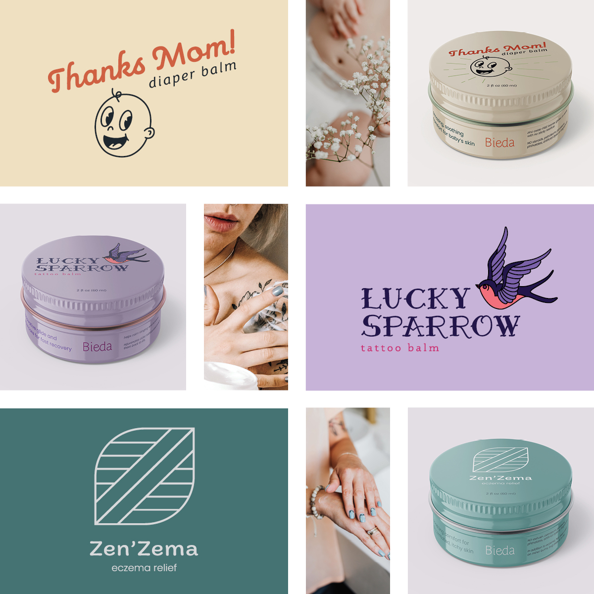 A collage of the logos and packaging of three related skincare brands, "Thanks Mom! Diaper Balm", "Lucky Sparrow Tattoo Balm", and "ZenZema Eczema Relief". There is a photo of a baby's diaper with flowers, a woman applying lotion to a tattoo, and another woman rubbing lotion on her hands next to each respective logo. 