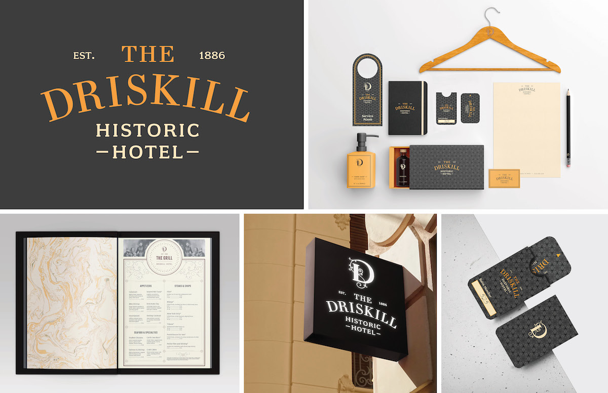 Rebranding of The Driskill Historic Hotel. It includes the logo, hotel package, Outdoor Sign, Hotel card, and a menu for the hotels' restaurant-The Grill.