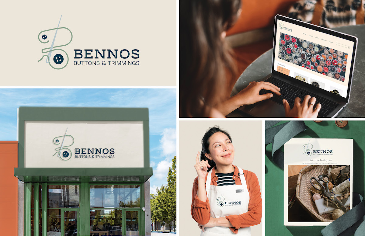 Rebranding of Benno's Buttons and Trimming store. It includes the logo that is the letter B using a needle and thread. There is also a website, store sign, uniform, and sewing guide book.