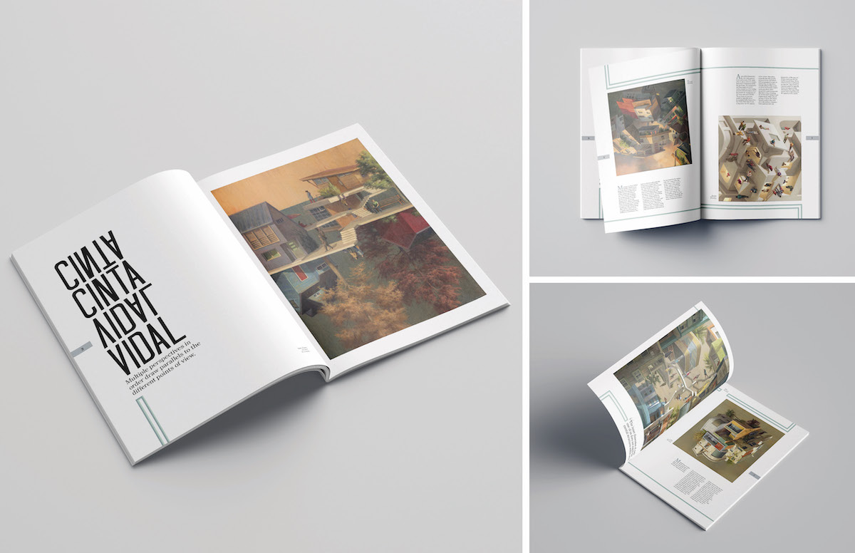 A three page spread that features a variety of large pictures with a three column structure of type. The paintings are architectural scenes that play with perspective.
