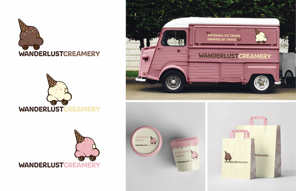 Features the logo system which is of an ice cream scoop car that travels across the brand name-wanderlust creamery. As well with the logo on a food truck, ice cream pints, and paper shopping bags.