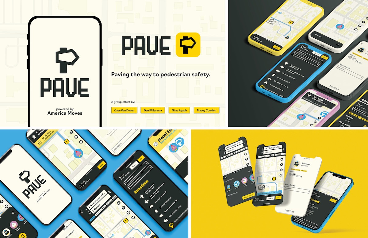 A brightly color navigation app using black and yellow as the main colors with a touch of blue and pink as accent colors.