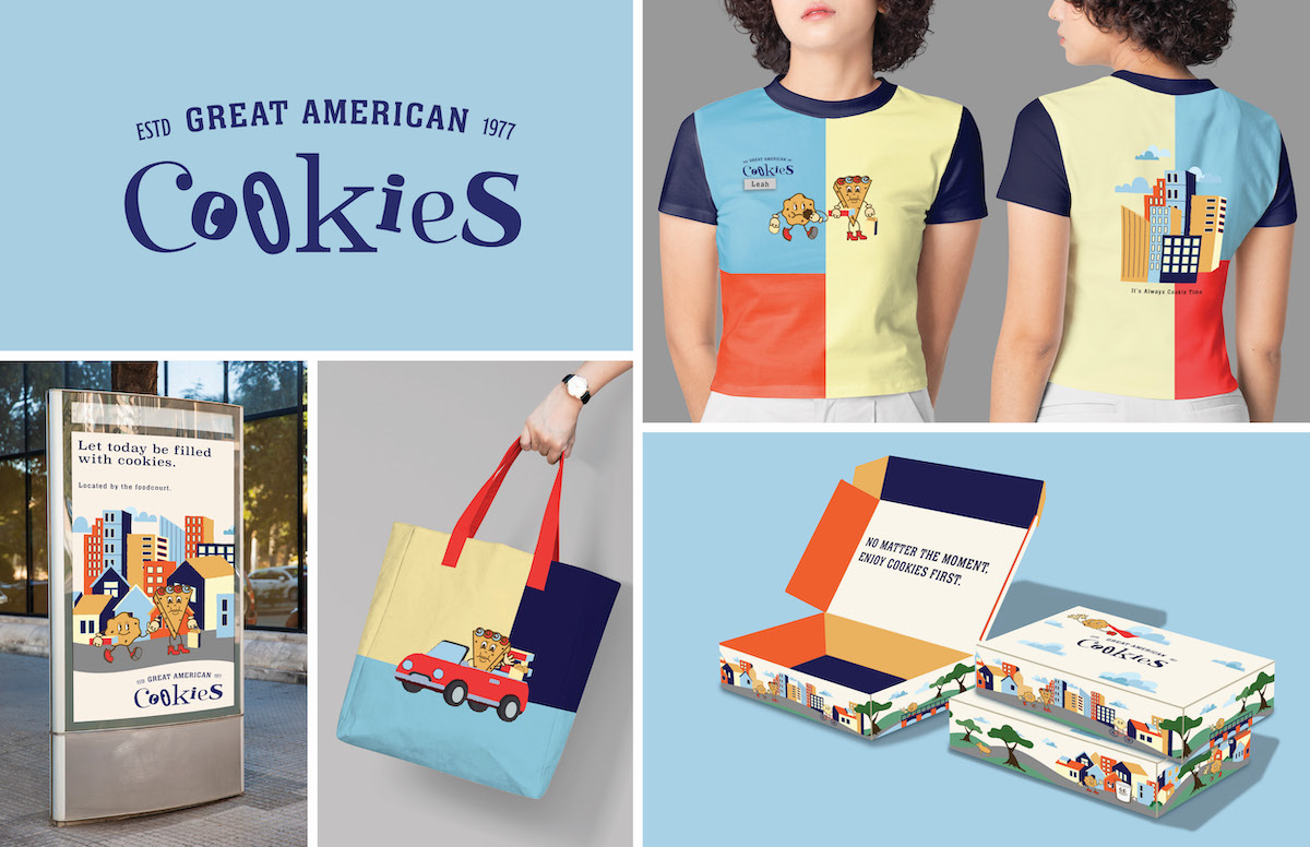 A rebranding of Great American Cookies. It features coloring-blocking using 4 colors. Along with a variety of cookie mascots to create a world of cookies.