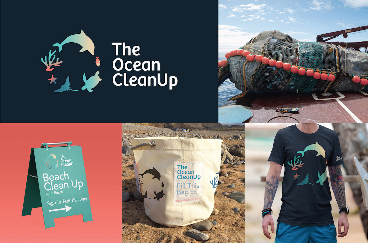 A board collaged with several images: A logo creating an O shape with an assortment of aquatic animals; a cargo ship with a large net of gathered plastic; a volunteer directional sign; branded beach cleanup cloth bag; a navy t-shirt with the logo applied 