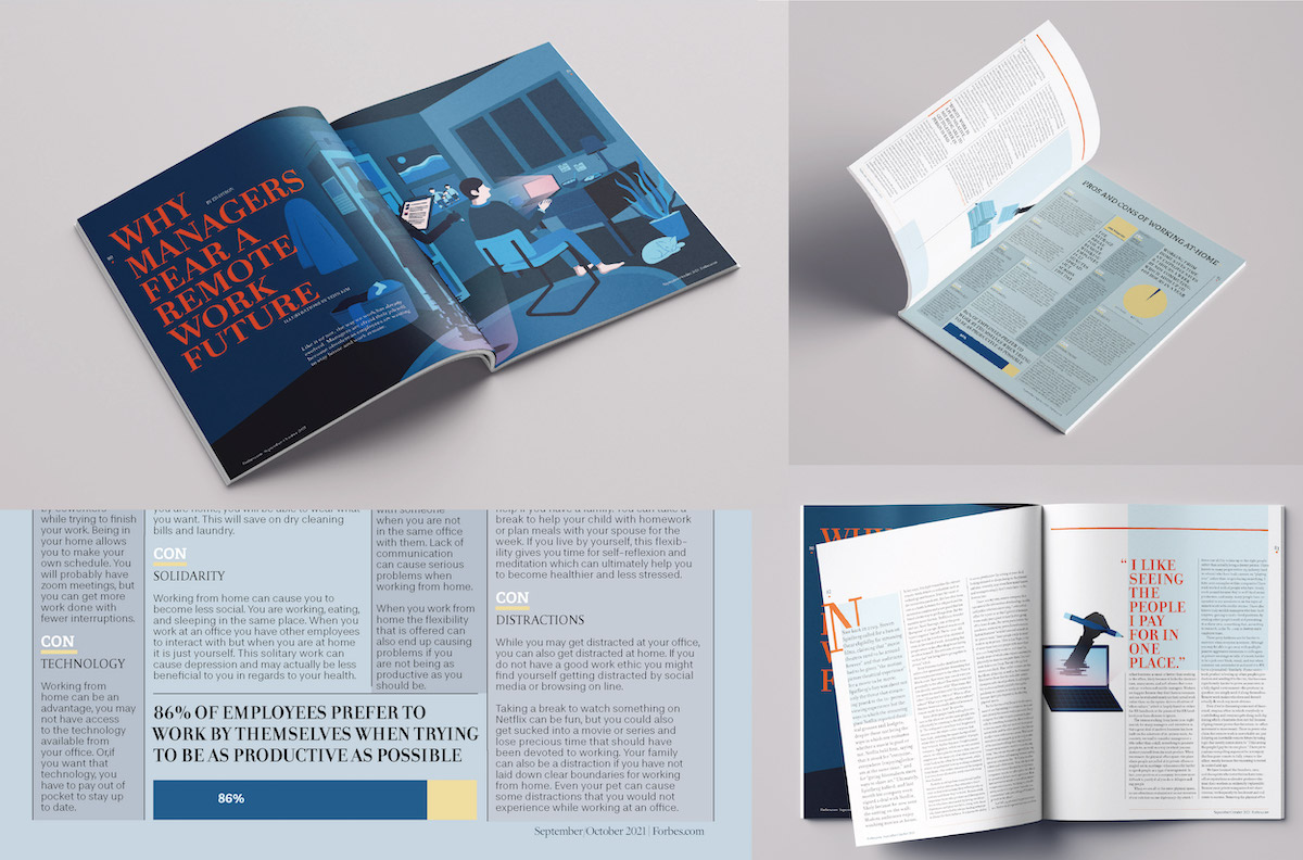 A three page spread featuring an article about "Why Managers Fear A Remote Work Future". Shows a dynamic layout through with hierarchy of type and moody illustrations in shades of blue.