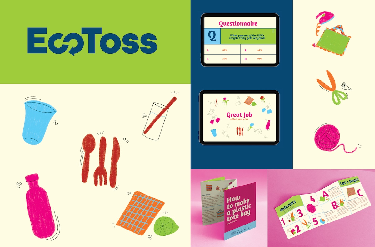 Colorful blocks showing the EcoToss logo, ipad screen questionnaire, custom illustrations, and a instructional booklet.