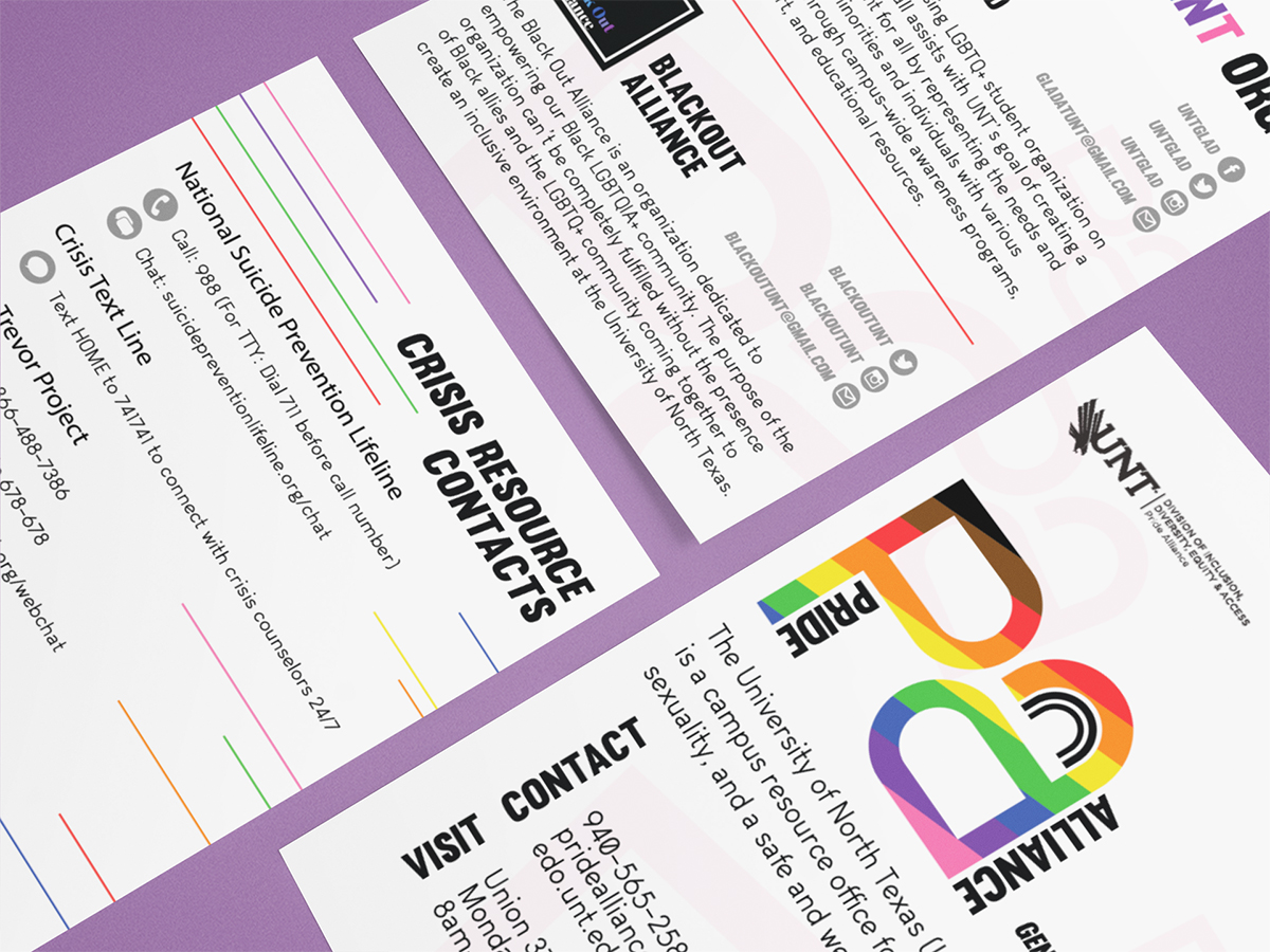 3 flyers for the Pride Alliance at UNT sit on a purple background, all partially cut off by the frame. One is the contact information, one is Student Orgs, and the last is Crisis Resource Contacts.