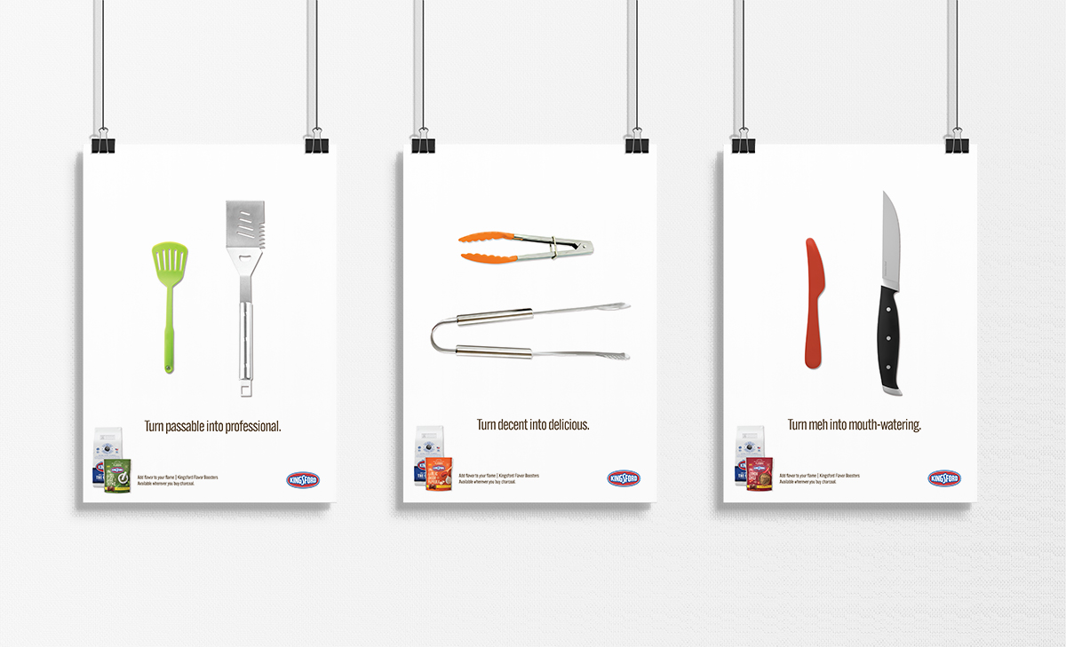 Three posters are hung side by side with black clips. Each poster is white with different simple and professional cooking utensils side by side. Each posters' headline is the following: 