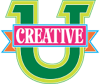 Creative in white letters on a magenta background, a capital letter in UNT dark and light green