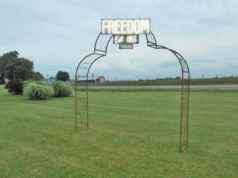sign with an arbor, Freedom, established 1865