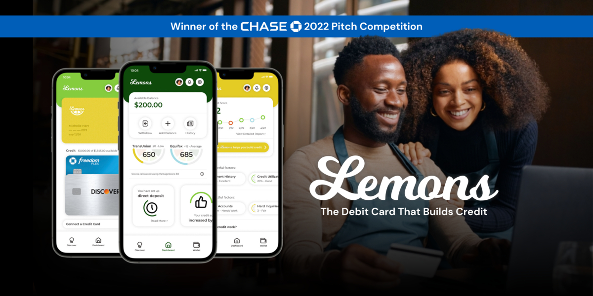 Three mobile screens of the Lemons app next to an image of an African American couple smiling at a credit card. A banner along the top reads "Winner of the Chase 2022 Pitch Competition."