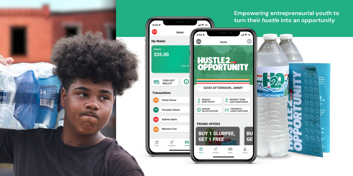 An African American teen holding a case of water over his shoulder. There are two mobile screens and an H2O branded water bottle underneath the words "Empowering entrepreneurial youth to turn their hustle into an opportunity."