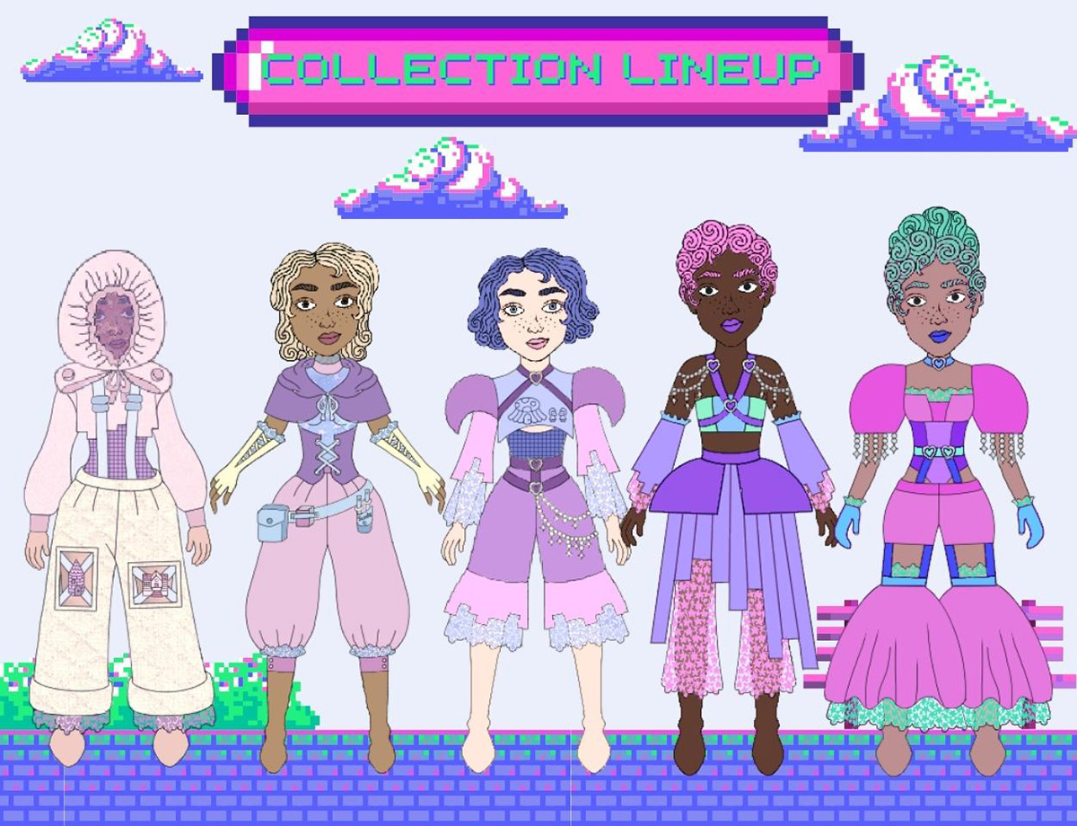 Illustration of five models wearing bright pastel garments. The looks are magical, sexy, cute, colorful, and gamelike.