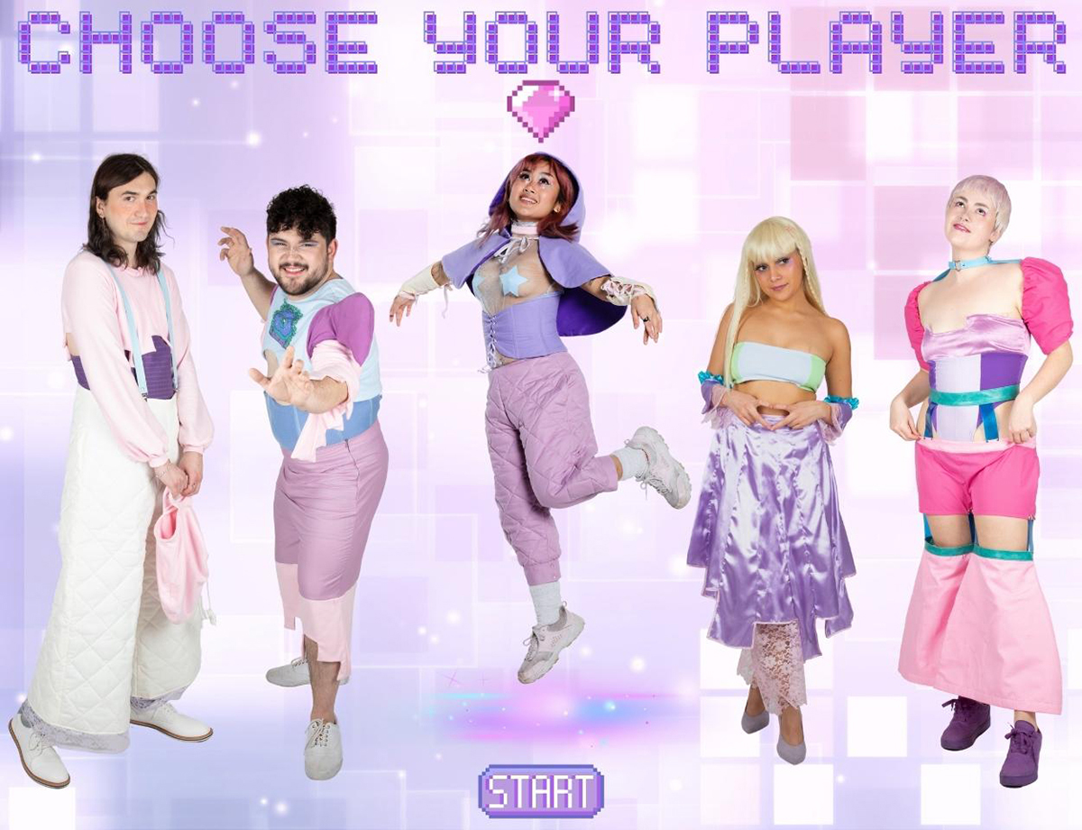 Group image of the finished five look gender-inclusive collection. The collection captures the game-like elements, romance, and whimsy of the narrative that drives it. The looks start out with lighter pastels like creams, baby pinks, and light blues, then it transitions into a more vibrant palette with hot pinks, teals, and amethysts. The fabrics contrast the soft and the hard, with thick knits, hand quilting, and lace mixed with leather and silver hardware.