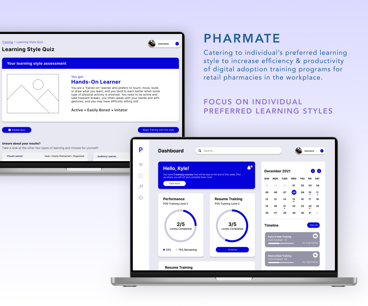 Two depictions of laptop-sized, digitally created images showcase the visual compositions designed for a website called “Pharmate” that has been created to help entry-level pharmacists work more efficiently and effectively