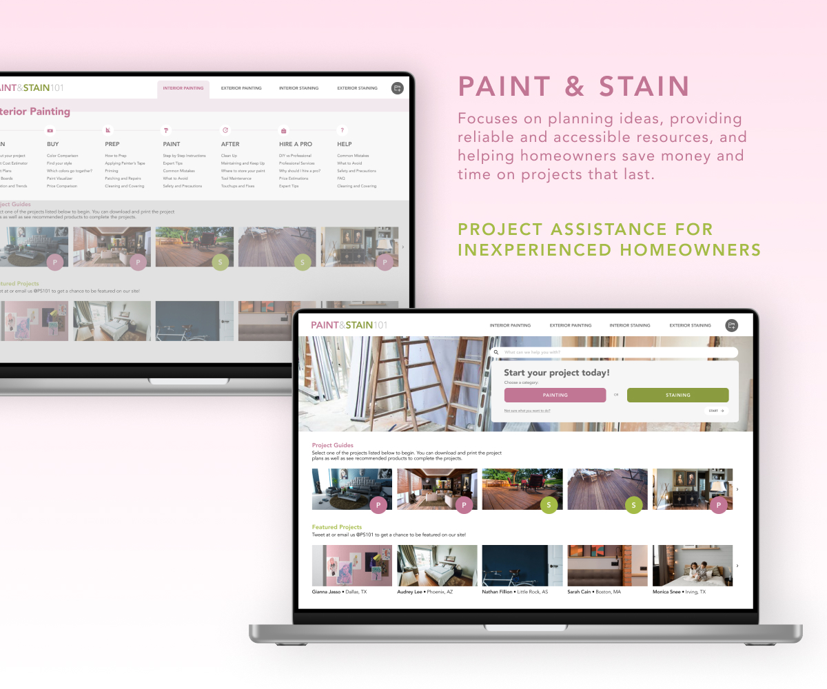 Two depictions of laptop-sized, digitally created images showcase the visual compositions designed for a website called “Paint & Stain 101” that has been created to help people learn to paint and stain furniture and interior spaces