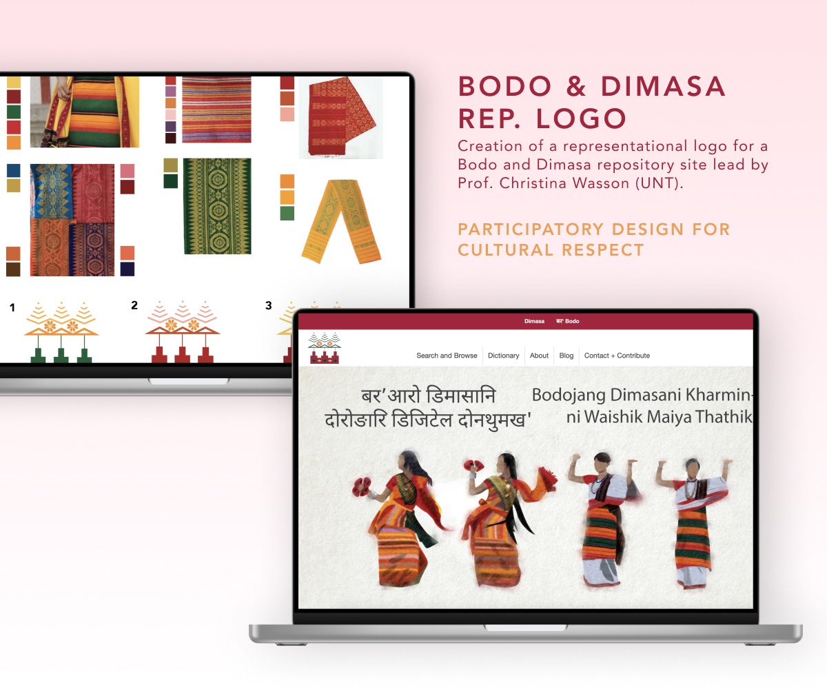 Two depictions of laptop-sized, digitally created images showcase the visual compositions designed for a website called “Bodo & Dimasa” that has been created to help this indigenous people cultivate respect for their cultural heritage