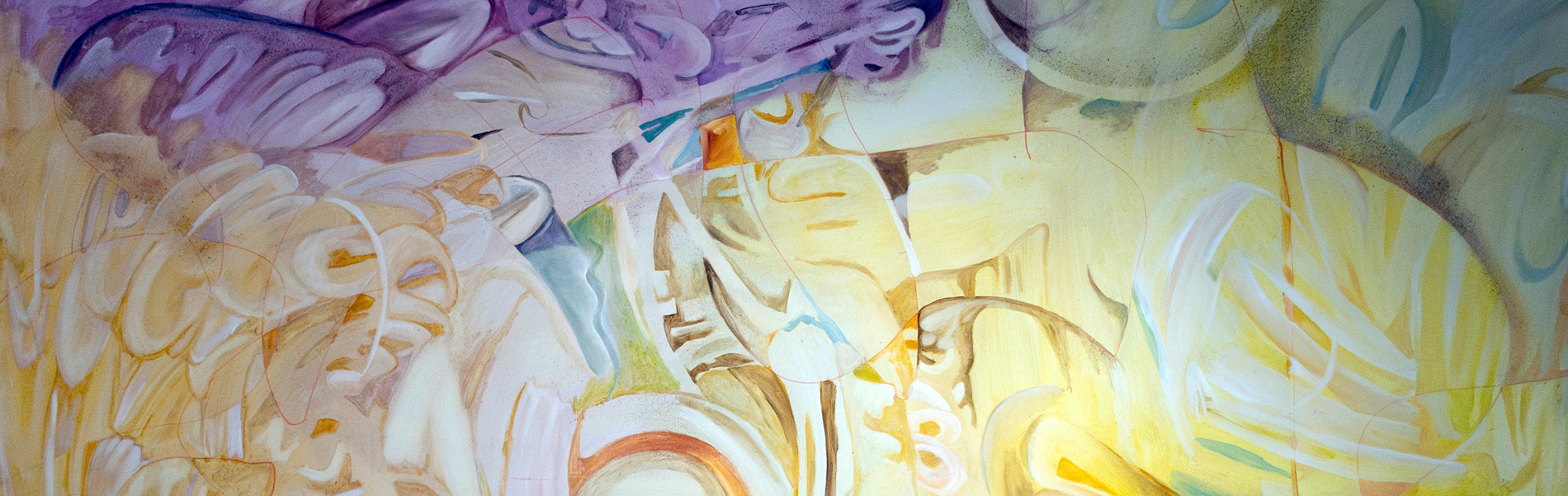 Oil painting titled Beginning of Light, swirls of pastel colors