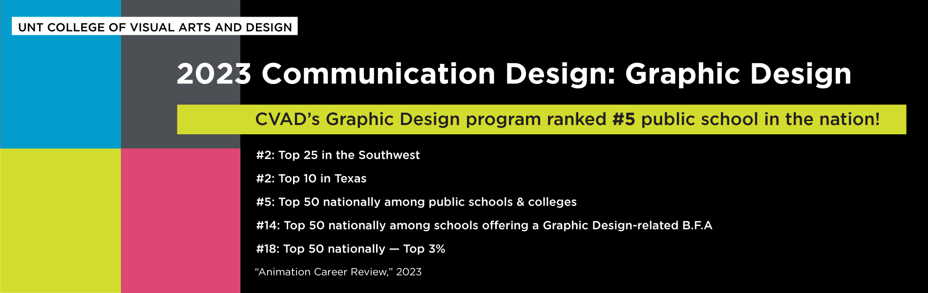 Colorful image with the 2023 Graphic Design Rankings by Animation Career Journal