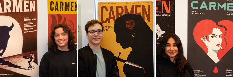 Annabelle Neher, Joshua Cotsworth, Prarthana Rathore standing next to their posters for the Carmen opera