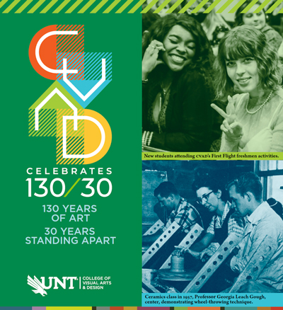 Cover of the Sponsorships brochure, students and faculty and the CVAD Celebrates logo