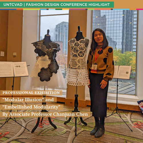 Chanjuan Chen posing next to her two garments she designed. Each dress is mounted on a black mannequin