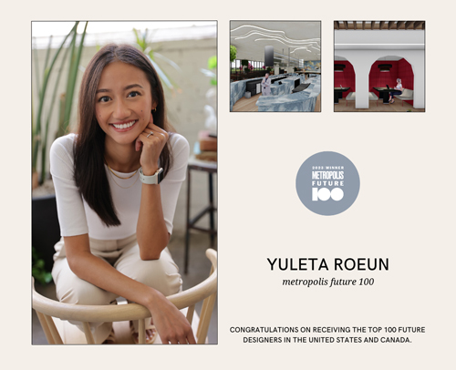Yuleta Roeun smiling, two designs and the Metropolis logo
