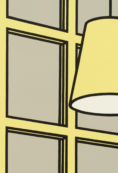 Detail of a print showing a yellow window frame and lamp 