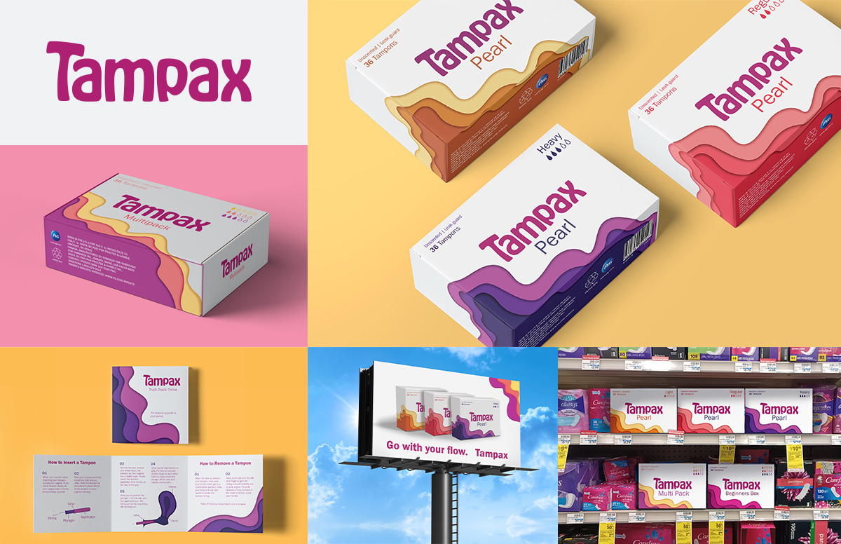 Tampon rebrand with soft logo, packaging shots, "go with your flow" announcement, and brochure with diagrams for insertion and removal.