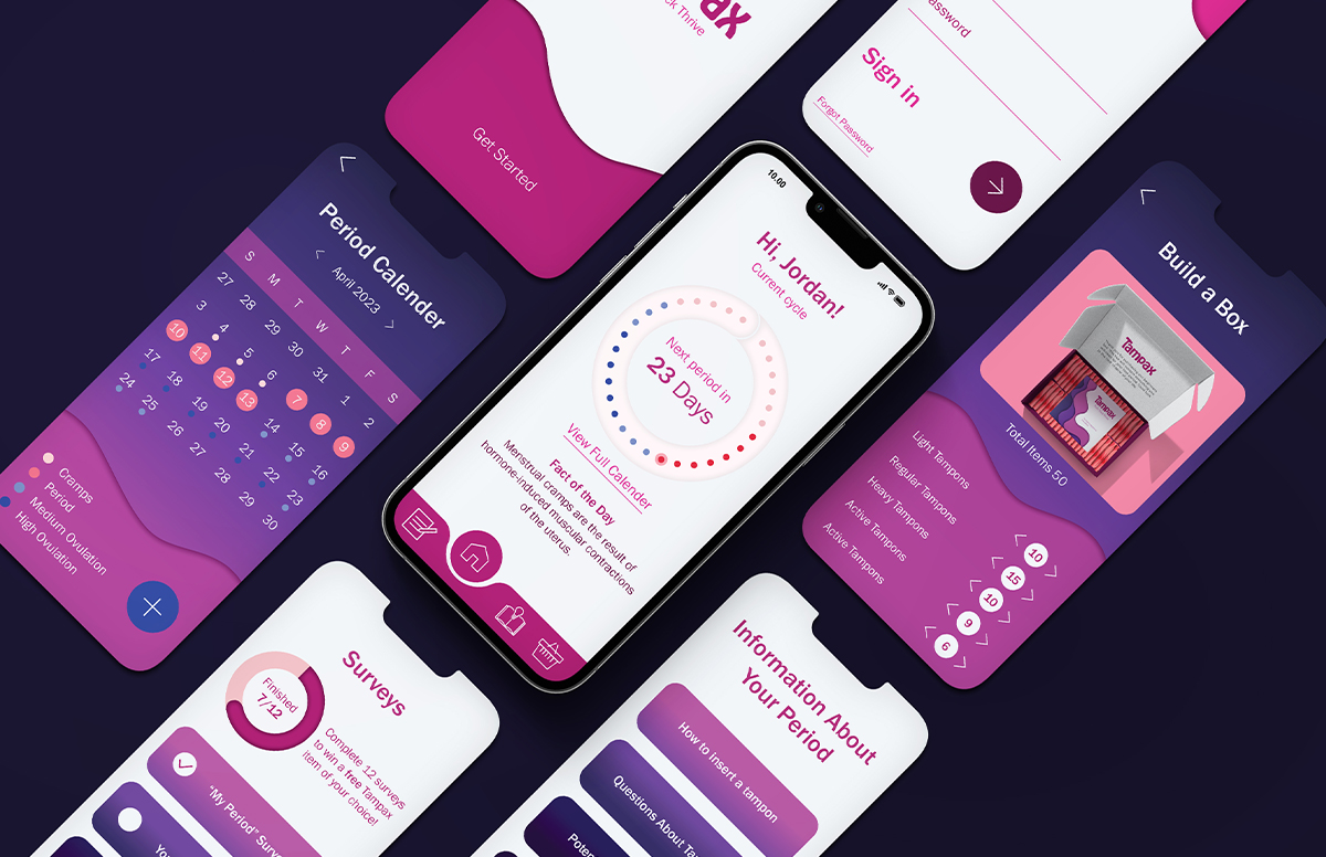 This page is of the Tampax app, there is a total of seven screens. The seven screens are a loading screen, a log in screen, a home screen with a small Calander on it, a Calander page to track a period, a "build a box" page, an information page.