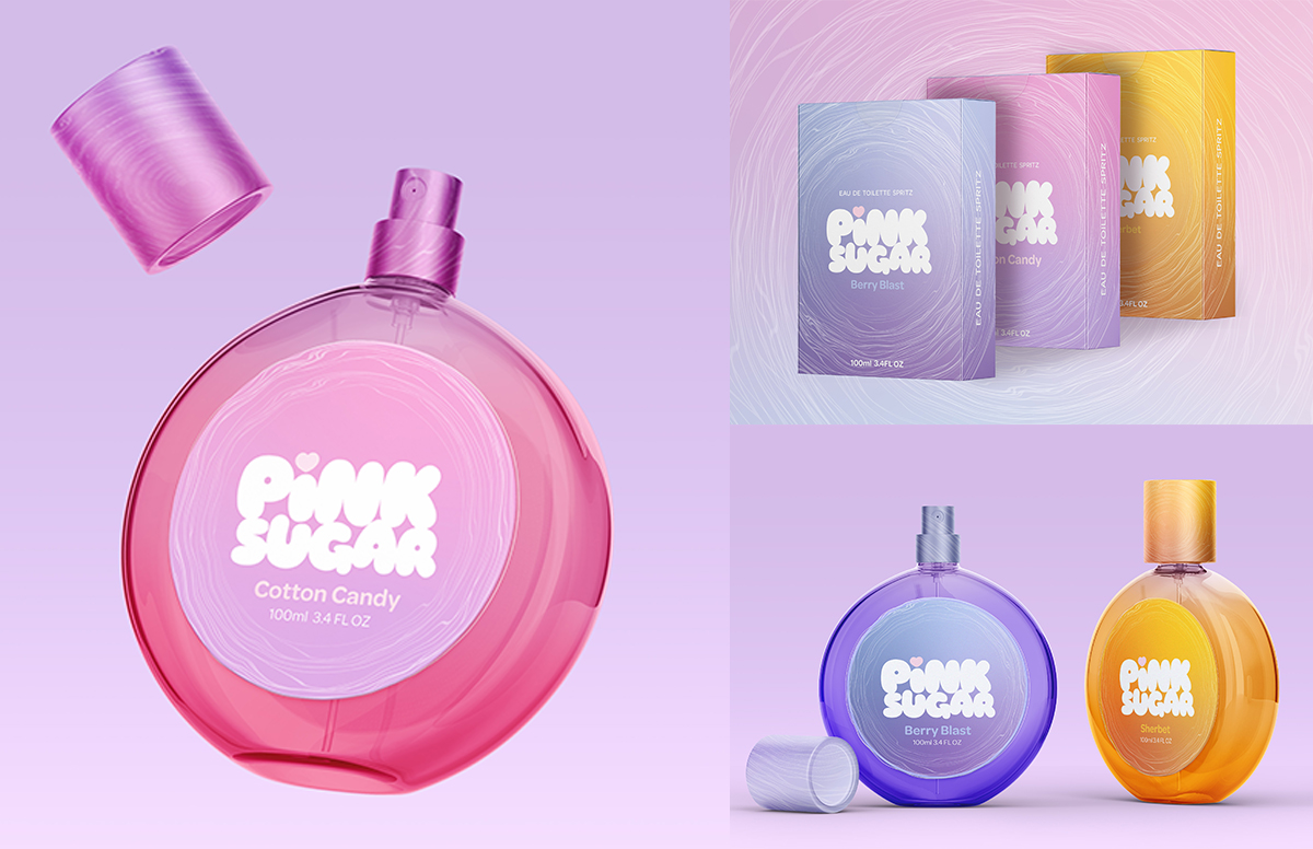 Pink Sugar perfume product shots: Cotton Candy, Berry Blast, and Sherbet in colorful bottles with matching boxes featuring candy floss illustrations.