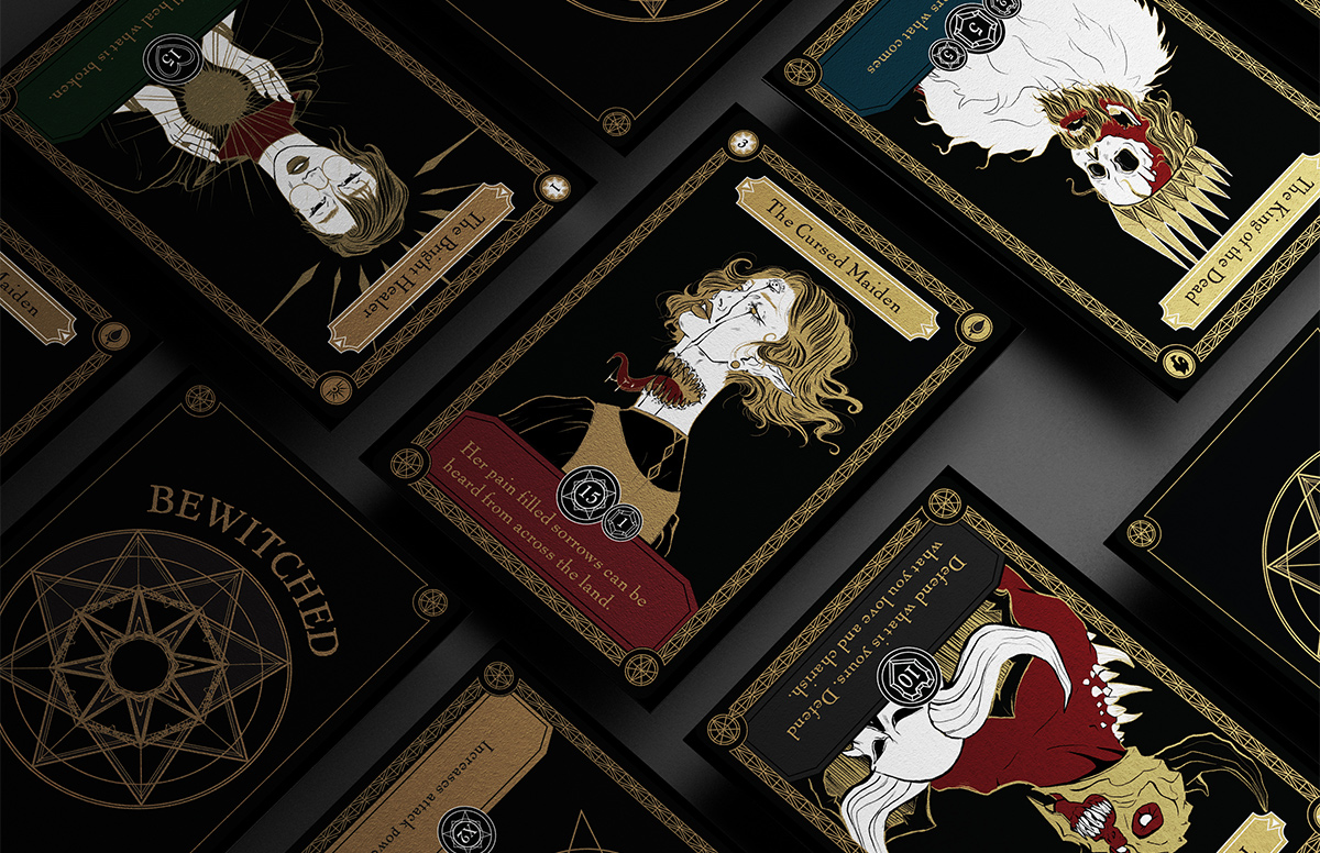 A grid of four illustrated cards designed with a dark and mysterious aesthetic. The cards are laid out against a black background.