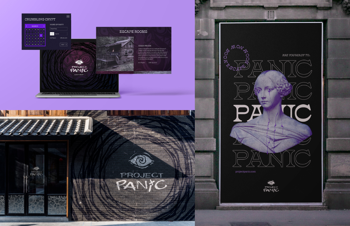 Project Panic's website features a logo with moving black circles, available rooms, store front, and a moving poster with text and a floating statue bust.