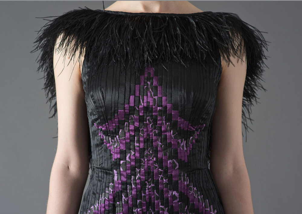 Purple and black dress with feather trim by Liz Enoch