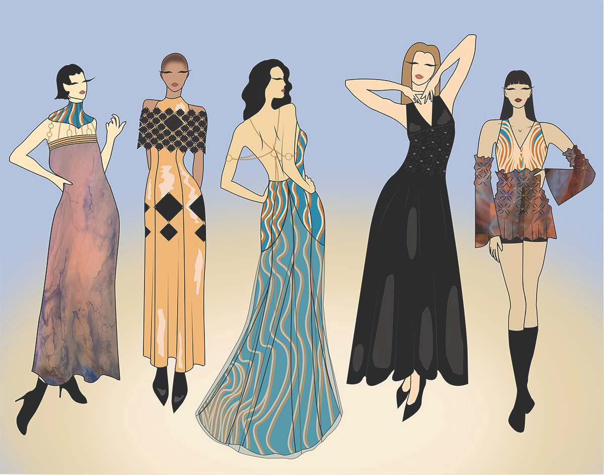 a 5 look lineup of digitally rendered figures wearing evening wear gowns of various shades of blues, golds, and black with the overall theme of the desert