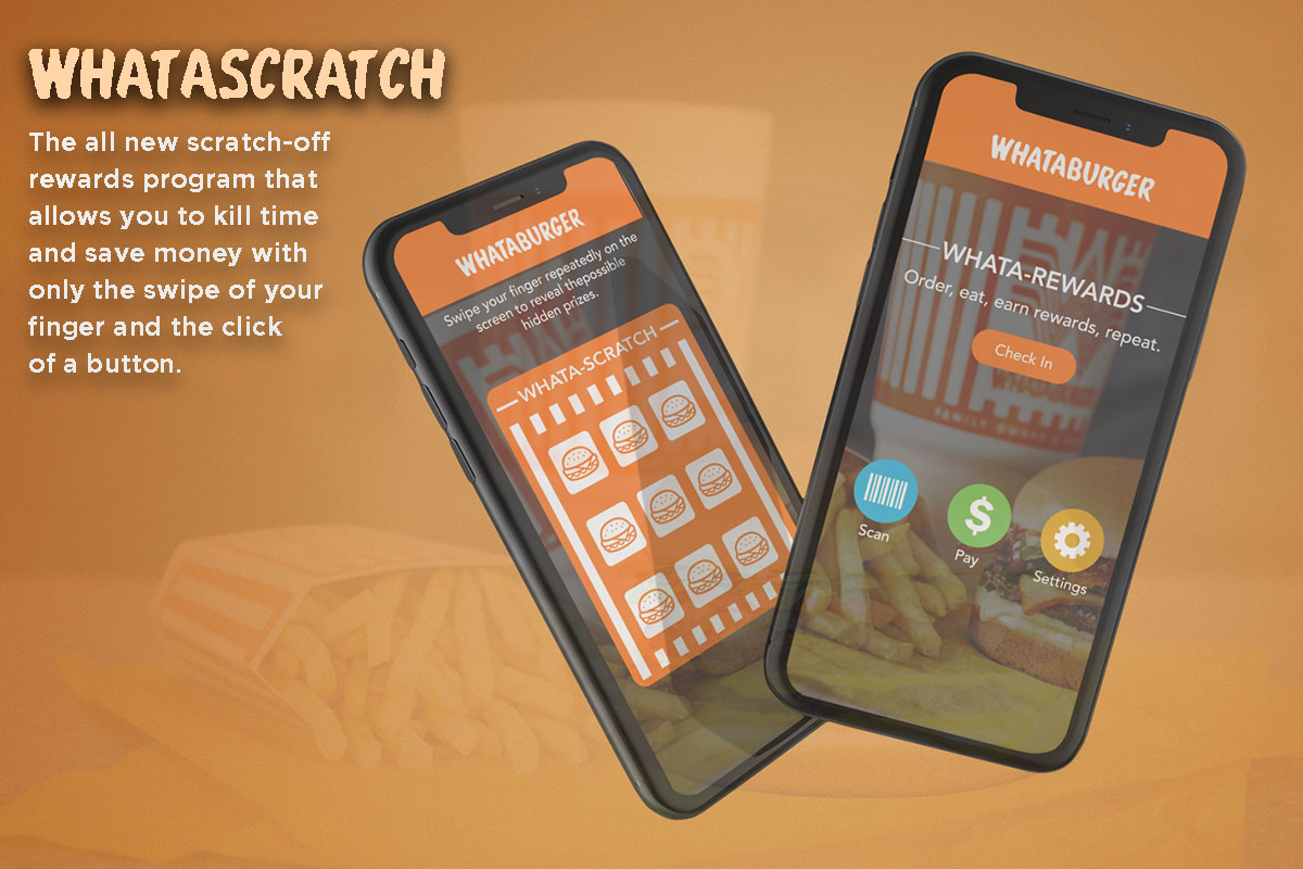 The image contains a a mock-up of a redesigned version of the existing Whataburger smartphone application.