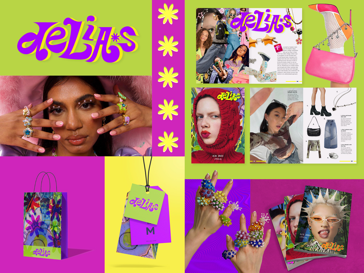 Branding campaign for fashion retailer Delia’s, featuring colorful photographs of hang tags, a shopping bag and print catalogs.