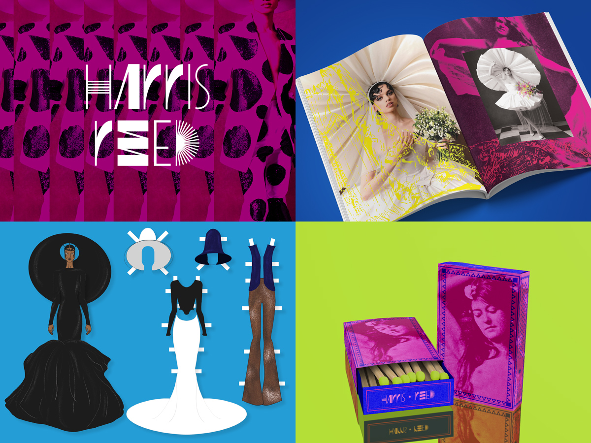 Photograph displaying the campaign logo, a spread from the lookbook, paper dolls and a matchbox design.