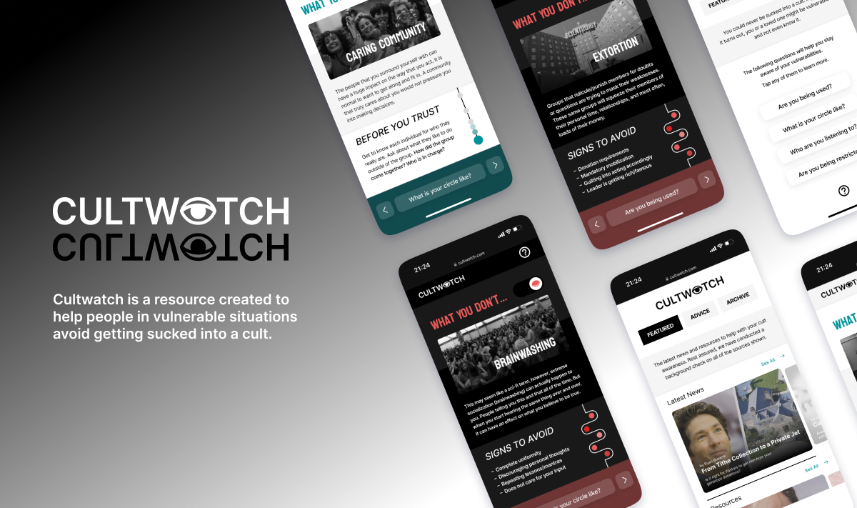 A black and white linear ombre background with a mockup showing mobile screens on the right side and the title Cultwatch on the with a brief project description below it.