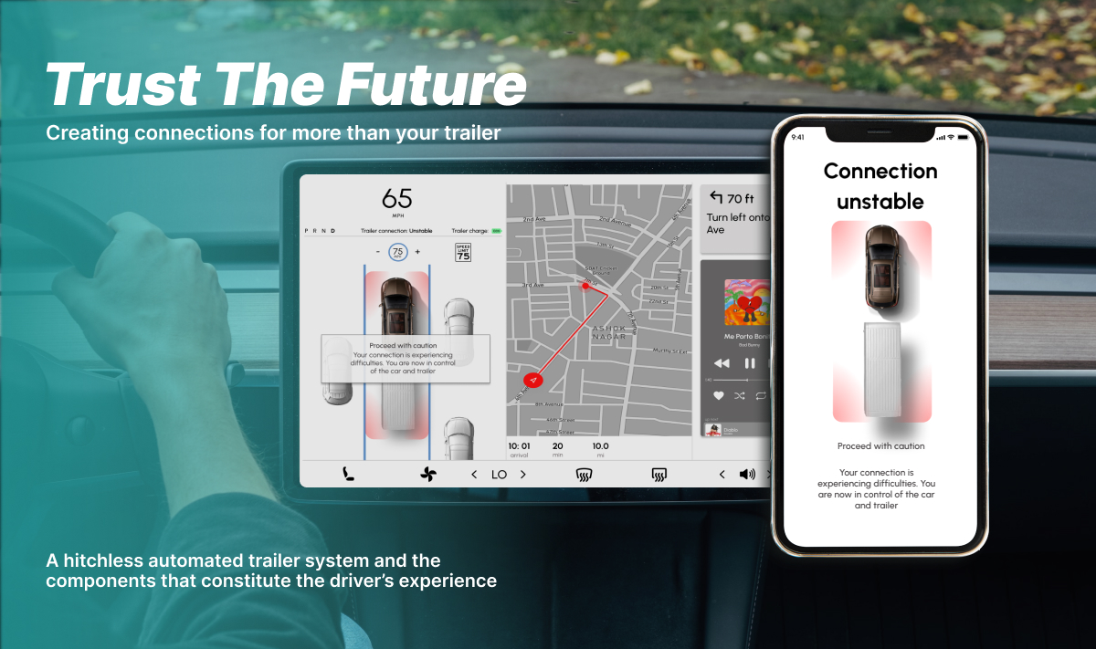 An image background of a person driving and a car screen displaying a mockup and a smartphone mockup screen next to it.  At the top left corner, the title Trust the Future and a brief project description below are displayed. 