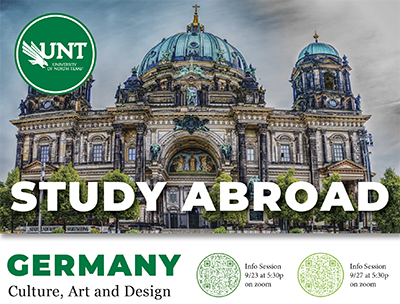 Study Abroad in Germany this winter. Domed building, UNT lettermark