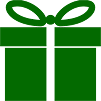 green and white icon of a gift box with a bow on top