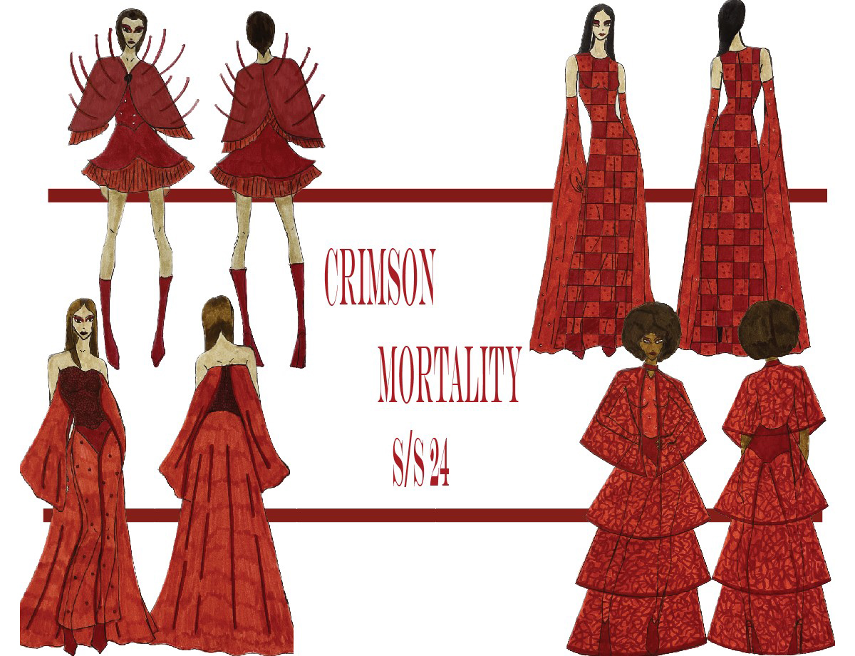 A four-piece collection of illustrations showcasing their front and back designs on a white background. They are each stylishly placed on a corner of a horizontally placed layout. The center is occupied with the collection title, ‘Crimson Mortality’ for the Spring 2024 season.