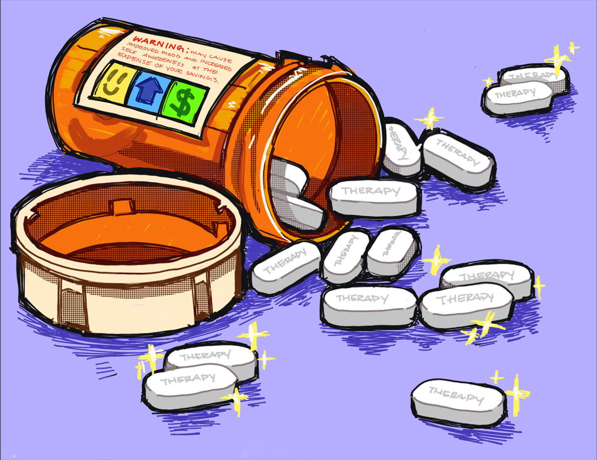 An illustrated pill bottle with white pills strewn around. The pills read 'therapy.'