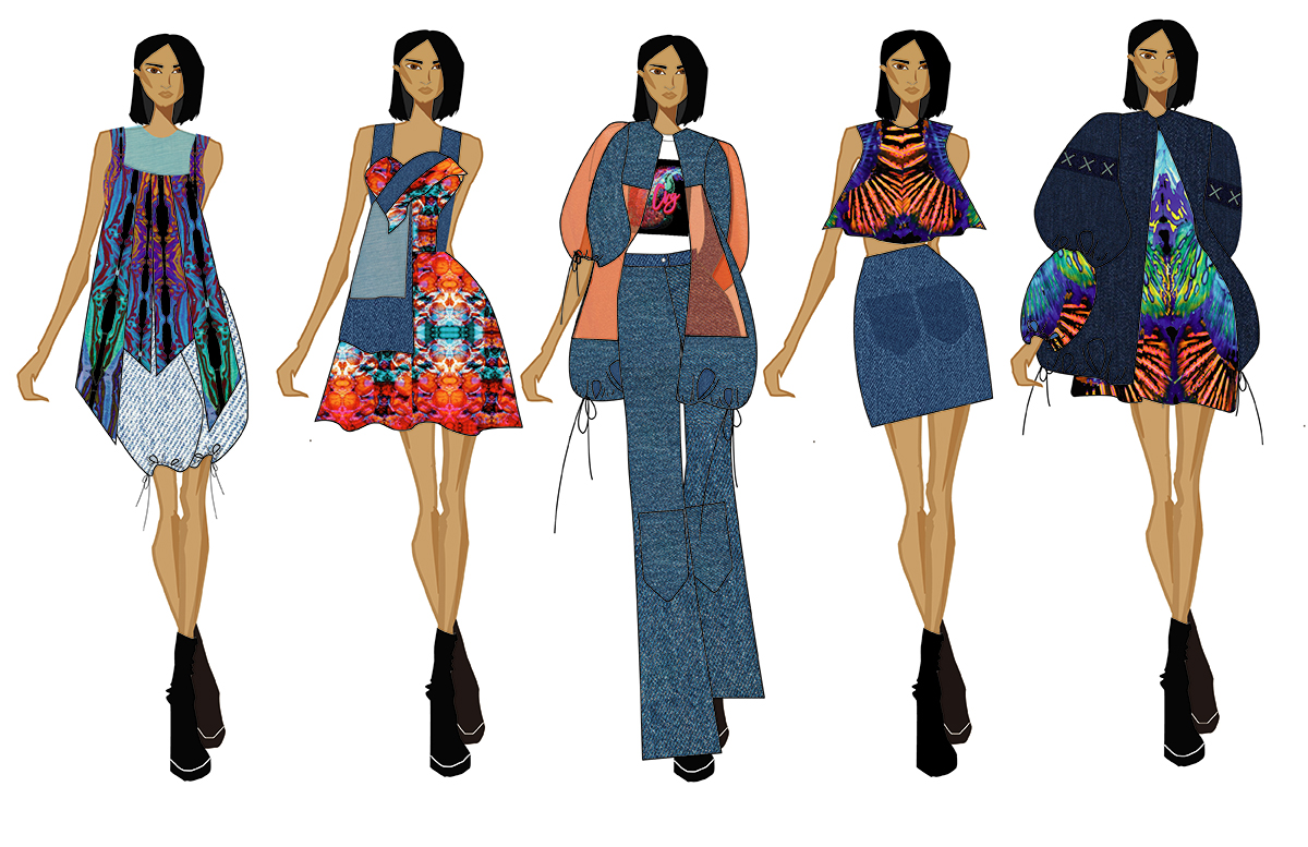 Computer sketches of the same woman wearing five different outfits. First outfit is a top and shorts, second a dress, third a jacket, top and pants, fourth a dress and a jacket, last a top and skirt. 