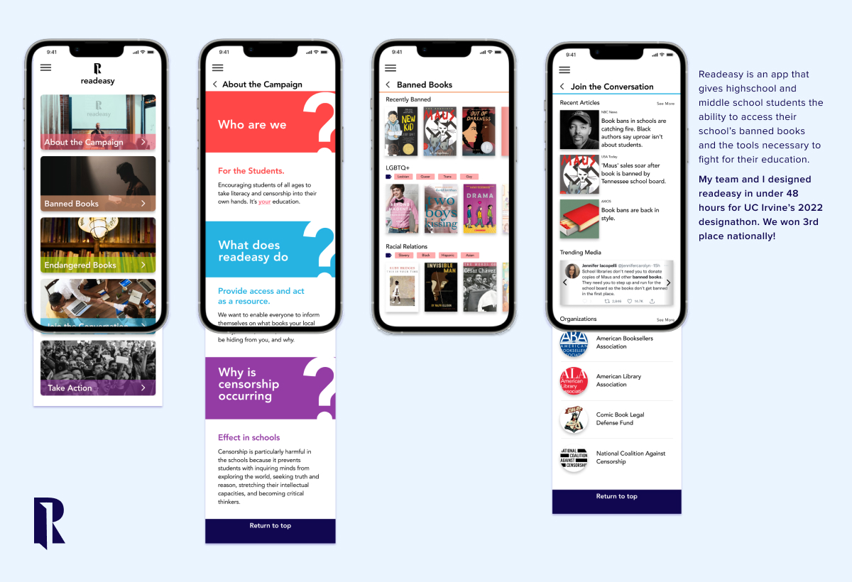 a series of four smartphone screens are depicted here to showcase the operation of an app called “read easy” that is designed to help middle and high school students understand why some books in school libraries have been banned or could soon be banned